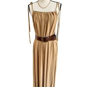 Women’s 100% Silk Maxi Dress Large Tan Gold Sheer Flowy Spaghetti Strap Women’s